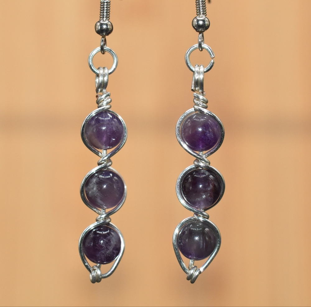 Amethyst earrings, beautiful semi precious stone wire wrapped earrings, handmade